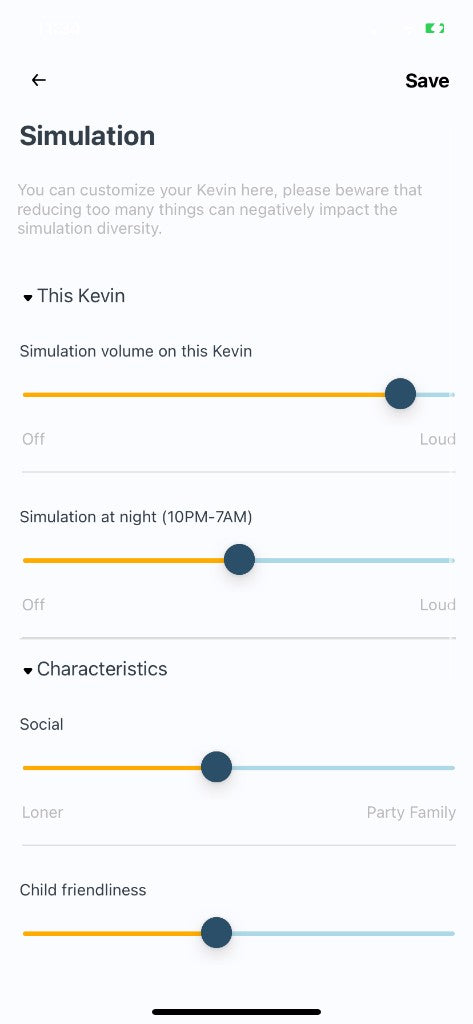 Kevin app simulation settings screen